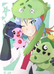 Rule 34 | 1boy, black gloves, cacnea, carnivine, closed eyes, creatures (company), game freak, gen 3 pokemon, gen 4 pokemon, gloves, green eyes, happy, highres, james (pokemon), looking at viewer, mime jr., nintendo, one eye closed, pokemon, pokemon (anime), pokemon (creature), sasara0730, single letter, team rocket, team rocket uniform