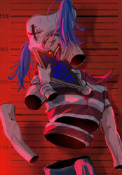 1boy absurdres blue_hair buggy_the_clown character_name clown_nose detached_arm devil_fruit_power facial_hair facial_mark hair_through_headwear height_mark highres male_focus one_piece red_lips shirt short_sleeves solo striped_clothes striped_shirt stubble tongue tongue_out twintails upper_body