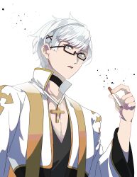 Rule 34 | 1boy, arch bishop (ragnarok online), black-framed eyewear, black coat, cigarette, coat, commentary request, cropped jacket, cross, cross necklace, datenshi no fu, expressionless, glasses, grey eyes, grey hair, hair ornament, highres, holding, holding cigarette, jacket, jewelry, long sleeves, looking at viewer, male focus, necklace, open mouth, ragnarok masters, ragnarok online, short hair, simple background, solo, upper body, white background, white jacket, x hair ornament