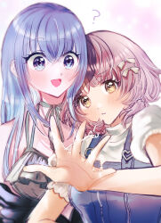 2girls :i ? blue_hair blush commentary_request highres idolmaster idolmaster_shiny_colors ikuta_haruki leaning_on_person long_hair looking_at_another looking_at_viewer multiple_girls pink_hair prune6ange shirt short_hair short_twintails smile suzuki_hana twintails upper_body very_long_hair white_shirt