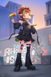 1girl absurdres arknights artist_name bare_shoulders black_bonnet black_boots black_choker black_dress blowing_bubble_gum bonnet boots breasts brown_eyes choker cityscape commentary_request detached_sleeves doctor_(arknights) dress earrings graffiti green_hair highres jewelry long_hair looking_at_viewer lunn material_growth multicolored_hair oripathy_lesion_(arknights) pointy_ears red_hair small_breasts solo spray_can standing streaked_hair tecno_(arknights)