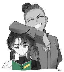 2girls ^_^ arm_on_another&#039;s_head arm_up artist_name book closed_eyes cornrows facing_viewer greyscale grin hair_bun highres liang_yue_(reverse:1999) ling_(chaaaaanhikari) looking_down low_twintails monochrome multiple_girls open_book poitier_(reverse:1999) reading reverse:1999 shirt signature smile spot_color teeth twintails upper_body white_background