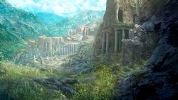 building cloud cloudy_sky commentary_request day highres hill landscape no_humans original outdoors ruins scenery sky valley zaq_(pgvc4472)