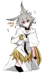 1boy ahoge alternate_costume clothing_cutout fate/apocrypha fate_(series) flying_sweatdrops grey_hair haoro highres male_focus red_eyes sieg_(fate) signature simple_background solo stomach_cutout white_background