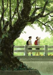 2boys artist_logo artist_name backpack bag commentary day english_commentary fence foliage from_side full_body highres logo looking_up multiple_boys nature nekokonut22 original outdoors plant pointing red_bag road scenery school_uniform shirt short_hair standing tree walking white_fence white_shirt wide_shot