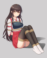 1girl absurdres akagi_(kancolle) akagi_kai_ni_(kancolle) arms_behind_back bdsm bondage bound bound_arms bound_legs brown_eyes brown_hair gaiters hakama hakama_short_skirt hakama_skirt highres japanese_clothes kantai_collection long_hair muneate panties red_hakama rope shibari shibari_over_clothes skirt solo straight_hair tasuki thighhigh_gaiters thighhighs underwear white_panties white_thighhighs wo_cao_xiao