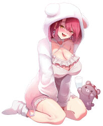 Rule 34 | 1girl, absurdres, between legs, blush, breasts, cleavage, commentary request, criss-cross halter, cup, dress, earrings, fanged bangs, frilled dress, frills, full body, fur jacket, halterneck, hand between legs, heart, heart earrings, highres, hinoki kahun0, holding, holding cup, hololive, hood, hood up, hooded jacket, houshou marine, houshou marine (loungewear), jacket, jewelry, large breasts, looking at viewer, no shoes, official alternate costume, official alternate hair length, official alternate hairstyle, open mouth, red hair, short dress, short hair, simple background, sitting, solo, swept bangs, virtual youtuber, white background, white dress, white jacket, yellow eyes