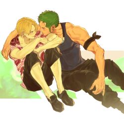 2boys adam&#039;s_apple black_pants black_shoes black_tank_top blonde_hair closed_mouth collarbone earrings green_hair hawaiian_shirt highres jewelry male_focus multiple_boys one_piece pants roronoa_zoro sanji_(one_piece) shirt shoes short_hair sideburns sitting tank_top toned toned_male tongue tongue_out yaoi ynnn_m