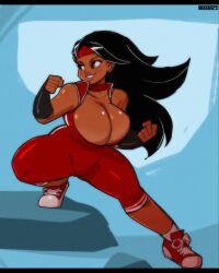 Rule 34 | 1girl, artist name, bare shoulders, black gloves, black hair, bodysuit, breasts, cleavage, clenched hands, commentary, commission, english commentary, fingerless gloves, full body, gloves, highres, jamie supreme (megaflare08), large breasts, long hair, megaflare08, open mouth, original, red bodysuit, red eyes, red shoes, shoelaces, shoes, smile, solo, teeth, thick thighs, thighs, trinabiggs3