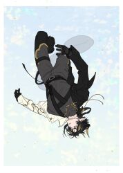 Rule 34 | 1boy, arknights, black eyes, black hair, black jacket, blue background, blue sky, bright pupils, brown hair, chongyue (alighting) (arknights), chongyue (arknights), cloud, cloudy sky, collared jacket, dragon boy, dragon horns, dragon tail, earrings, fingerless gloves, floating, floating hair, full body, gloves, highres, horns, jacket, jewelry, long hair, long sleeves, looking to the side, low ponytail, male focus, multicolored hair, nills, pants, pointy ears, ponytail, simple bird, sky, solo, streaked hair, tail, upside-down, white jacket