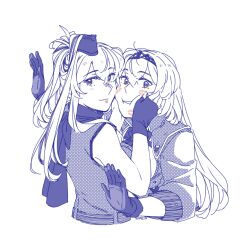 Rule 34 | 2girls, fingerless gloves, gloves, hair between eyes, hairband, hands on another&#039;s face, high side ponytail, kantai collection, long hair, looking at viewer, military uniform, monochrome, multiple girls, saratoga (kancolle), side ponytail, sidelocks, smokestack hair ornament, solo, tiara, upper body, victorious (kancolle), weidashming, yuri