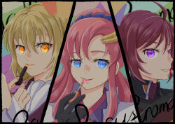 Rule 34 | 3girls, absurdres, ahoge, applying makeup, ascot, black gloves, blonde hair, blue eyes, cagalli yula athha, compass uniform, gloves, gundam, gundam seed, gundam seed freedom, hair ornament, highres, japanese clothes, kimono, lacus clyne, lipstick, long hair, looking at viewer, lunamaria hawke, makeup, military uniform, multiple girls, pink hair, purple eyes, red hair, short hair, smile, user kunf8626, white ascot, yellow eyes
