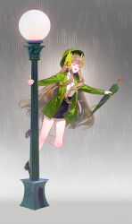 1girl absurdres arknights black_skirt blouse brown_hair elf green_hat green_umbrella hat highres jacket lamppost laurel_crown long_hair long_sleeves lyuqiu mole mole_under_eye muelsyse_(arknights) open_clothes open_mouth pointy_ears rain shirt singin&#039;_in_the_rain skirt smile solo umbrella very_long_hair white_shirt
