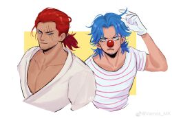 Rule 34 | 2boys, blue eyes, blue hair, blush, buggy the clown, closed mouth, clown nose, facial hair, gloves, goatee, highres, male focus, multiple boys, one piece, pectoral cleavage, pectorals, ponytail, red hair, scar, scar across eye, scar on face, shanks (one piece), shirt, striped clothes, striped shirt, sweatdrop, vamos mk, white gloves, white shirt