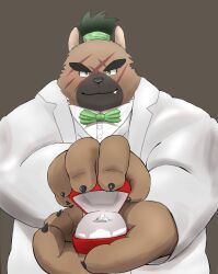 1boy anhrmgzo animal_ears bow bowtie claws closed_mouth cross_scar dog_boy dog_ears fang fang_out formal_clothes furry furry_male green_bow green_bowtie highres holding holding_jewelry holding_ring jewelry looking_at_viewer male_focus multiple_scars ring ring_box scar scar_across_eyebrow scar_on_face smile suit tokyo_houkago_summoners white_suit yasuyori_(housamo)
