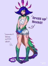 1girl artist_name bare_shoulders barefoot blue_hair collarbone colored_skin english_text flipped_hair green_skin grey_background highres kenapplepi league_of_legends multicolored_hair navel neeko_(league_of_legends) own_hands_together pink_hair pink_skin purple_skin simple_background slit_pupils smile solo stomach two-tone_hair yellow_eyes