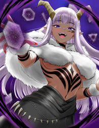 absurdres before_and_after bertstudent black_skirt blunt_bangs breasts capelet choker claws corruption dark_persona ear_piercing earrings fern_(sousou_no_frieren) fur-trimmed_capelet fur_trim highres horns jewelry lips navel piercing pointy_ears purple_eyes purple_hair purple_pupils qual_(sousou_no_frieren) red_nails skirt smile sousou_no_frieren straight_hair teardrop_earrings topless_female transformation underboob white_capelet wrist_cuffs