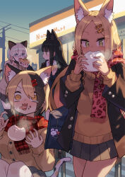 4girls absurdres animal_ear_fluff animal_ears animal_print bengal_cat-chan_(katsu) black_hair black_jacket blonde_hair blue_eyes brown_jacket calico_cat-chan_(katsu) cat_ears cat_girl cat_tail ear_piercing eating food green_eyes grey_hair highres holding holding_food jacket katsu_(katsupainter) kuroneko-chan_(katsu) leopard_print long_hair multicolored_hair multiple_girls original piercing plaid_clothes plaid_scarf pleated_skirt scarf short_hair siamese_cat-chan_(katsu) skirt sky steamed_bun sweater tail tongue tongue_out two-tone_hair yellow_eyes yellow_sweater