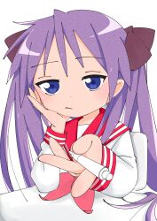 Rule 34 | 1girl, absurdres, black bow, bored, bow, chair, frown, hand on own face, highres, hiiragi kagami, holding, holding pen, long hair, looking at viewer, lucky star, neckerchief, pen, pink neckerchief, purple hair, red sailor collar, red sleeve cuffs, ryouou school uniform, sailor collar, school uniform, shirt, sitting, sketch background, table, tsurime, twintails, white background, white shirt, yq9nhoedbnmi6iy