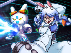 Rule 34 | 1girl, animal ear fluff, animal ears, armor, blue hair, bodysuit, braid, brown eyes, carrot, carrot hair ornament, colored sclera, energy beam, food-themed hair ornament, getter beam, getter robo, hair ornament, half-closed eyes, hand up, highres, hololive, huji i, humanoid robot, laser, lever, mecha, mecha pilot suit, multicolored hair, open mouth, parody, rabbit ears, rabbit girl, robot, smile, space, star (sky), super robot, super robot wars, teeth, twin braids, two-tone hair, upper teeth only, usada pekora, v-shaped eyebrows, virtual youtuber, white armor, white bodysuit, white hair, yellow sclera