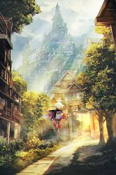 1girl bird_wings black_scarf boots building bush castle cloud cloudy_sky dome dress fantasy floating from_behind genshin_impact grass halo house looking_ahead mechanical_halo nature outdoors paimon_(genshin_impact) reason_(mark-of-the-unicorn) romper scarf scenery short_hair_with_long_locks sky solo stone_walkway tower tree village white_dress white_hair white_romper wide_shot wings
