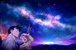 2boys :d absurdres aged_down alternate_costume aurora betelgeuse_(star) black_eyes black_hair blue_eyes boriroba child commentary_request dragon_ball dragonball_z grey_shirt highres holding holding_telescope looking_up male_focus multiple_boys muscular muscular_male nebula night night_sky open_mouth profile purple_hair scenery shirt shooting_star short_hair side_part sky smile son_gohan son_gohan_(future) spiked_hair star_(sky) starry_sky sweater teacher_and_student teeth telescope toriyama_akira_(style) trunks_(dragon_ball) trunks_(future)_(dragon_ball) upper_body upper_teeth_only yellow_sweater