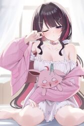 Rule 34 | 1girl, absurdres, ai (u e o o), azki (7th costume) (hololive), azki (hololive), barefoot, black hair, blunt bangs, breasts, cardigan, choker, cleavage, colored inner hair, commentary request, cropped cardigan, cross-laced clothes, cross-laced sleeves, dress, empire waist, frilled dress, frills, hand up, highres, holding, hololive, indoors, large breasts, long hair, looking at viewer, low twintails, mole, mole under eye, multicolored hair, off-shoulder dress, off shoulder, official alternate costume, official alternate hairstyle, one eye closed, parted lips, pink cardigan, pink choker, pink hair, pioneer (azki), purple eyes, short dress, sidelocks, sitting, solo, straight-on, streaked hair, twintails, very long hair, virtual youtuber, white dress, white hair