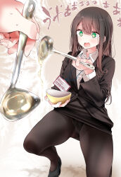 1girl @_@ black_jacket black_panties black_pantyhose black_shoes black_skirt bowl collared_shirt commentary_request food green_eyes highres holding holding_bowl holding_ladle jacket ladle lanyard long_sleeves ol-chan_(oouso) oouso original panties panties_under_pantyhose pantyhose pencil_skirt pouring shirt shoes skirt soup translation_request underwear white_shirt