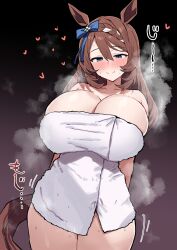 1girl animal_ears black_background blue_bow blue_eyes blush bow braid breasts cleavage closed_mouth commentary_request ear_bow gradient_background hair_between_eyes highres horse_ears horse_girl horse_tail huge_breasts looking_at_viewer multicolored_hair naked_towel shimiya_(aokuchi) smile solo streaked_hair super_creek_(umamusume) sweat tail thighs towel umamusume white_hair
