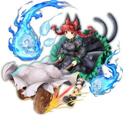 Rule 34 | 1girl, animal ear fluff, animal ears, black bow, black dress, black shoes, bow, braid, breasts, cat ears, cat tail, closed mouth, dress, fire, flaming skull, floating skull, frilled dress, frilled sleeves, frills, full body, game cg, hair bow, highres, juliet sleeves, kaenbyou rin, leaf print, long hair, long sleeves, looking at viewer, medium breasts, multiple hair bows, multiple tails, nekomata, official art, puffy sleeves, red eyes, red hair, rotte (1109), shoes, smile, solo, tail, third-party source, touhou, touhou lostword, transparent background, twin braids, two tails, wheelbarrow
