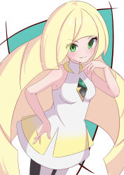 1girl absurdres blonde_hair breasts commentary_request diamond_(shape) dress eyelashes gem green_eyes green_gemstone hand_on_own_hip hand_up highres leggings long_hair lusamine_(pokemon) nintendo pokemon pokemon_sm rono_(lethys) sleeveless sleeveless_dress smile solo teeth white_dress white_leggings