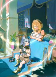 absurdres aglaea_(honkai:_star_rail) animal_ear_fluff animal_ears animal_hood black_gloves blonde_hair blue_eyes boots breast_tattoo breasts brown_dress cat_ears cat_girl cat_hood cat_tail cipher_(honkai:_star_rail) cleavage commentary_request dress gloves gold_boots gold_tattoo green_eyes grey_hair highres honkai:_star_rail honkai_(series) hood large_breasts laurel_crown looking_at_another nico_(nicorkgk) open_mouth plant potted_plant rags sitting smile tail tattoo thread white_dress