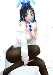1girl absurdres animal_ears bare_shoulders black_hair black_pantyhose blue_bow blue_eyes blue_hair blue_nails blue_necktie bow box breasts choppy_bangs cleavage closed_mouth detached_collar fake_animal_ears feet_out_of_frame fur_jacket hair_bow hashtag-only_commentary highres jacket kitahara_aoba large_breasts leotard looking_at_viewer medium_hair multicolored_hair necktie off_shoulder pantyhose playboy_bunny rabbit_ears rabbit_tail sawaranaide_kotesashi-kun shinjou_takuya sitting smile solo tail two-tone_hair white_background white_leotard