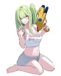 1girl absurdres bamul bare_arms bare_legs bare_shoulders barefoot blue_eyes bra_visible_through_clothes breasts camisole crop_top drawstring green_hair grey_shorts grin hands_up highres holding holding_water_gun long_hair looking_at_viewer medium_breasts midriff mole mole_on_breast mole_on_stomach multicolored_hair navel official_alternate_costume one_side_up see-through_clothes see-through_shirt shirt short_shorts shorts simple_background sleeveless sleeveless_shirt smile solo spaghetti_strap stellive stomach streaked_hair virtual_youtuber water_gun wet wet_clothes wet_shirt white_background white_shirt yuzuha_riko