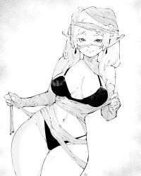 1girl bandaged_arm bandaged_head bandaged_leg bandaged_wrist bandages bare_shoulders bikini black_bikini breasts cleavage curvy earrings frieren half-closed_eyes jewelry large_breasts leaning_to_the_side looking_at_viewer miregeist navel pointy_ears seductive_gaze seductive_smile shadow simple_background smile sousou_no_frieren swimsuit thick_thighs thighs twintails white_background white_hair wide_hips