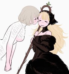 &gt;_&lt; 2girls bare_shoulders black_dress black_headwear black_vs_white blonde_hair blush breasts chimera closed_eyes detached_sleeves dress dungeon_meshi falin_touden falin_touden_(chimera) feathers frs2 grey_hair highres holding holding_staff kiss long_hair marcille_donato marcille_donato_(lord) medium_breasts monster_girl multiple_girls open_mouth short_hair simple_background small_breasts spoilers staff tears white_feathers yuri