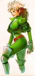 1990s_(style) 1girl 2000 absurdres arms_at_sides belt bengus bodysuit boots breasts brown_hair colored_bangs cropped_legs gloves green_bodysuit green_eyes green_headband headband highres jacket leather leather_jacket lips long_hair marvel marvel_vs._capcom marvel_vs._capcom_2 medium_breasts multicolored_hair non-web_source official_art profile retro_artstyle rogue_(x-men) simple_background sketch smile solo superhero_costume two-tone_hair unitard white_background white_hair x-men
