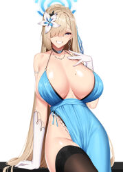 1girl absurdres arm_support armlet armpit_crease asuna_(blue_archive) bare_shoulders black_choker black_thighhighs blonde_hair blue_archive blue_dress blue_ribbon blue_sash braid breasts chixiao choker cowboy_shot crown_braid dress earrings elbow_gloves evening_gown flower gloves grin hair_flower hair_ornament hair_over_one_eye hair_ribbon halo halter_dress halterneck hand_up highres huge_breasts jewelry lace lace-trimmed_dress lace_trim long_hair looking_at_viewer mole mole_on_breast necklace no_panties one_eye_covered plunging_neckline ribbon sash satin_dress shiny_skin side_slit simple_background sleeveless sleeveless_dress smile solo strap_gap teeth thighhighs thighs very_long_hair white_background white_flower white_gloves
