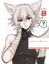 1boy animal_ear_fluff animal_ears bandaged_arm bandages black_shirt commentary_request genderswap genderswap_(ftm) grey_hair hair_between_eyes hand_on_own_neck highres inubashiri_momiji looking_at_viewer male_focus parted_lips red_eyes shirt short_hair simple_background sleeveless sleeveless_shirt solo soukou_(artist) touhou translation_request upper_body wolf_boy wolf_ears