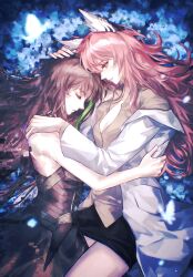 2girls absurdres animal_ears black_skirt brown_eyes brown_hair brown_shirt cat_ears commission girls&#039;_frontline grey_shirt hand_in_another&#039;s_hair highres huang_mo_da_e_yu hug lab_coat light_smile long_hair looking_at_another m4a1_(girls&#039;_frontline) multicolored_hair multiple_girls persica_(girls&#039;_frontline) pink_eyes pink_hair shirt skirt smile tank_top