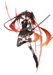 Rule 34 | 1girl, absurdres, argyle, bare shoulders, black dress, black hair, chin guard, cyborg, double-parted bangs, dress, fake horns, floating, floating hair, floating object, floating sword, floating weapon, full body, gradient hair, hair ornament, headgear, highres, horns, joints, jumping, katana, knee pads, long hair, looking to the side, lucia: dawn (pgr), lucia (pgr), mechanical arms, mechanical foot, mechanical hands, midair, multicolored hair, o2 (rin617), oni horns, orange hair, pleated skirt, pouch, punishing: gray raven, red eyes, red hair, robot joints, short dress, shoulder strap, single knee pad, single thighhigh, skindentation, skirt, sleeveless, sleeveless dress, streaked hair, sword, thigh pouch, thigh strap, thighhighs, torn clothes, torn thighhighs, very long hair, weapon, white background, x hair ornament, zettai ryouiki