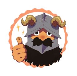 1boy absurdres beard cropped_head disembodied_hand dungeon_meshi dwarf expressionless facial_hair fake_horns helmet highres horned_helmet horns kikipop long_beard looking_at_viewer male_focus mustache senshi_(dungeon_meshi) solo sparkle thick_mustache thumbs_up very_long_beard