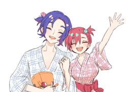 1boy 1girl amate_yuzuriha blue_hair blush colored_inner_hair commentary conch_(gundam) gundam gundam_gquuuuuux holding_hands japanese_clothes kimono mimosaamola multicolored_hair non-humanoid_robot obi one_side_up open_mouth purple_hair red_hair robot sash short_hair shuji_ito simple_background smile two-tone_hair upper_body white_background yukata