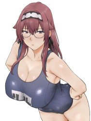 bakushiishi_at bare_shoulders breasts closed_mouth curvy feet_out_of_frame glasses hand_on_own_hip huge_breasts large_breasts lillia_greyrat long_hair looking_at_viewer maid_headdress mushoku_tensei one-piece_swimsuit purple_eyes red_hair simple_background standing swimsuit white_background