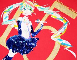 :q abstract anniversary aqua_hair aqua_necktie aqua_streaks bare_shoulders blonde_hair blonde_streaks blue_bow blue_eyes blue_skirt blue_sleeves blue_thighhighs bow character_name commentary contrapposto cowboy_shot crown detached_sleeves dutch_angle facial_mark finger_to_mouth floating_hair food fruit hatsune_miku highres holding holding_microphone jewelry light_smile looking_to_the_side masking_tape_(medium) microphone mini_crown mixed_media multicolored_eyes multicolored_hair necktie nostrils pink_nails red_background ring ryono shirt sideways_glance skirt sleeveless sleeveless_shirt star_(symbol) star_facial_mark strawberry streaked_hair swept_bangs thighhighs tongue tongue_out traditional_media twintails unconventional_media vocaloid white_hair white_shirt yellow_eyes zettai_ryouiki