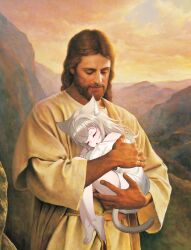 40hara :o animal_ear_fluff animal_ears bahamut731lp bare_shoulders barefoot blonde_hair carrying carrying_person cat_ears cat_girl cat_tail closed_eyes cloud crossover day facial_hair feet highres jesus kinako_(40hara) long_hair looking_at_another lost_lamb medium_hair meme mountain parody robe shirt sleeping t-shirt tail the_bible