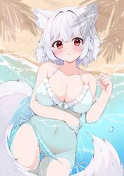 1girl animal_ear_fluff animal_ears arm_under_breasts beach bikini breasts cleavage collarbone commentary_request cowboy_shot day frilled_bikini frills gluteal_fold halterneck hand_on_own_stomach inubashiri_momiji looking_at_viewer lying medium_breasts navel on_back outdoors partially_submerged red_eyes rururiaru shadow short_hair side-tie_bikini_bottom solo stomach swimsuit tail touhou water white_background white_bikini wolf_ears wolf_girl wolf_tail