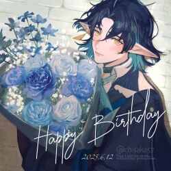 Rule 34 | 1boy, arknights, black robe, blue flower, blue hair, blue rose, blush, bouquet, colored inner hair, commentary, dated, flower, freckles, happy birthday, holding, holding bouquet, infection monitor (arknights), looking at viewer, lumen (arknights), male focus, multicolored hair, pointy ears, robe, rose, smile, solo, twitter username, upper body, wh1tecookie, yellow eyes