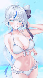 1girl absurdres ahoge aokumo_rin arm_under_breasts bare_arms bare_shoulders bikini bikini_skirt blue_eyes blue_hair breasts choker cleavage cowboy_shot front-tie_top grin hair_ornament hair_ribbon hairclip halterneck hand_up highres large_breasts long_hair looking_at_viewer multicolored_hair navel ribbon side_ponytail smile solo stellive stomach streaked_hair swimsuit two-tone_hair very_long_hair vini_(frisco) virtual_youtuber white_bikini white_choker white_hair