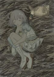 1girl absurdres boots closed_eyes closed_mouth fetal_position from_above full_body gloves grey_hair hair_ornament hay highres idolmaster idolmaster_shiny_colors knee_boots lying on_side one_side_up puffy_short_sleeves puffy_sleeves serizawa_asahi shirt short_hair short_shorts short_sleeves shorts shorts_under_skirt single_glove skirt sleeping snail solo star_(symbol) star_hair_ornament thumb_sucking white_boots white_gloves white_shirt white_shorts white_skirt ximiya